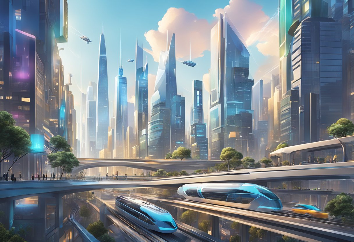 A bustling city skyline with futuristic AI technology integrated into buildings and transportation systems, showcasing the potential growth and investment opportunities in the AI industry