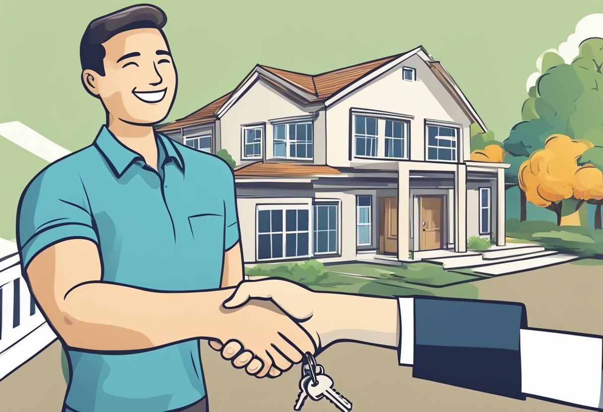 A house key being handed over to a smiling buyer, with a real estate agent and a seller shaking hands in the background