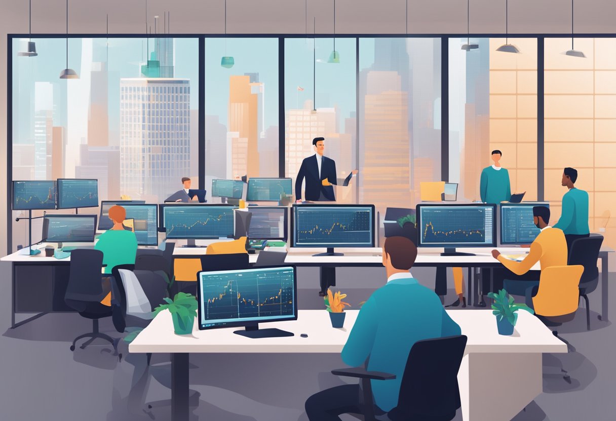 A bustling financial office with AI algorithms displayed on screens, analyzing data and making investment recommendations. Executives and analysts studying the results with keen interest