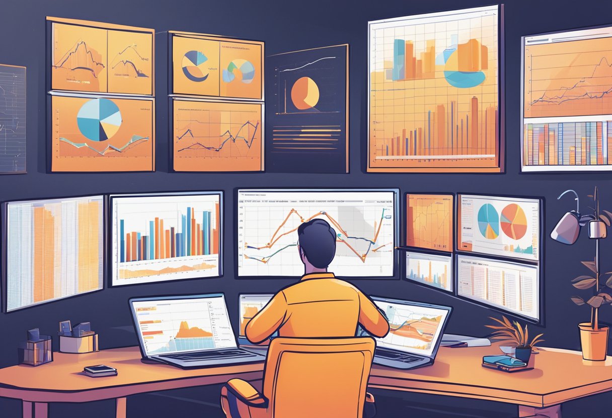 An AI algorithm analyzes sector-specific data, guiding investment decisions. Multiple screens display charts and graphs. An investor looks on, considering how to invest in AI